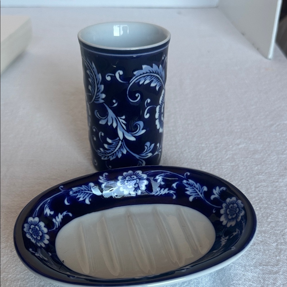 Pier 1 Blue and White Ceramic  soap Dish Set